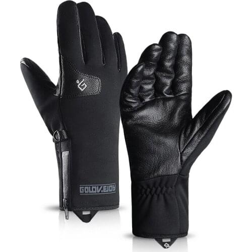 Winter Warm Ski Glove Men Outdoor Motorcycle Riding Waterproof Windproof Leather Fleece Thick Goat Skin Motorcycle Women Gloves