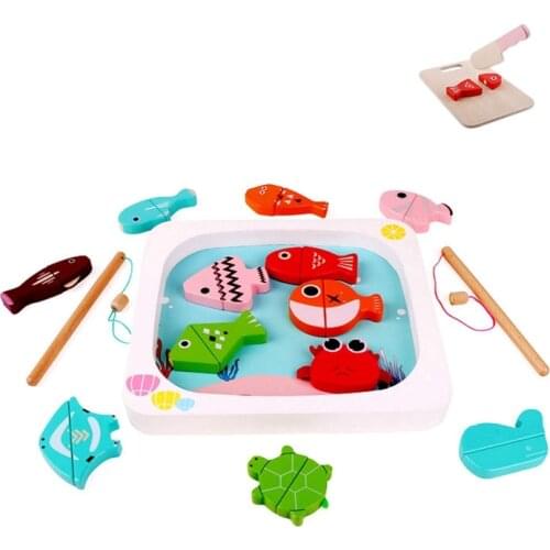 2 in 1 Magnetic Fishing Game Wooden Toys Magnetic Cutting Toys for 3 4 5 Years Old Boys Girls Perfect Toddles Birthday