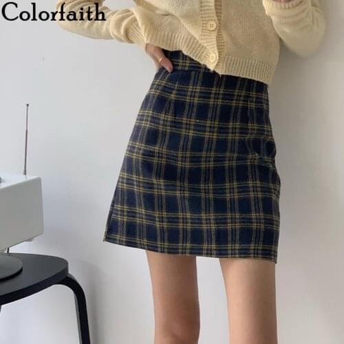 Colorfaith New 2021 Spring Summer Women Skirt Plaid High Waist Checkered A-Line Skater Vintage Package Hip Mini Skirt SK0318