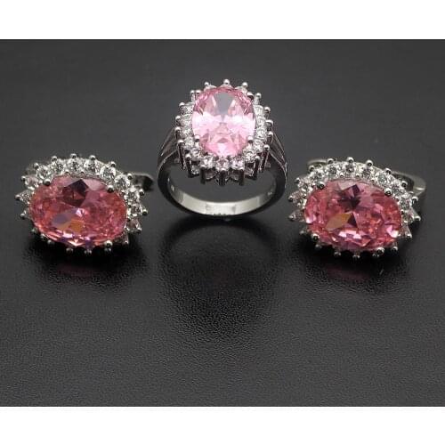 Hermosa Magic Jared Jewelry Sets Pink Kunzite , FireTopaz Silver Color Ring & Earrings Womens Jewellry Set Size 8.5# 7.5