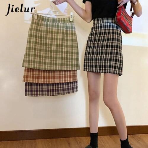 Jielur 2021 Vintage 4 Colors Plaid Skirt Harajuku Slim Black Purple Womens Skirt A-line High-waisted Mini Skirts Girls Korean