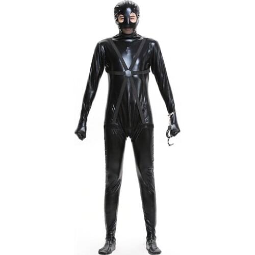 Halloween Cosplay Costumes Men Prisoner Cosplay Costumes Scary Masked Solid Black Imitation Leather Jumpsuit Hat Costumes Set