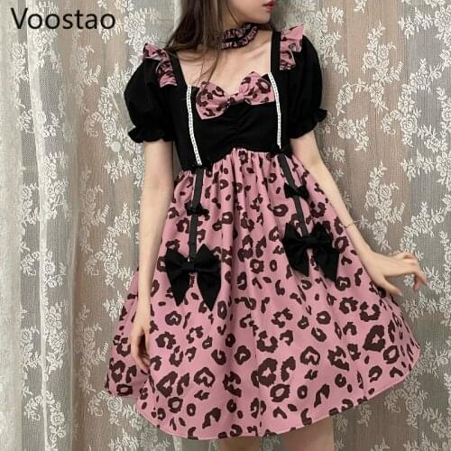 Japanese Gothic Lolita Style Mini Dress Women Sweet Cute Bow Puff Sleeve Leopard Print Party Dresses Girls Kawaii Y2K Punk Dress