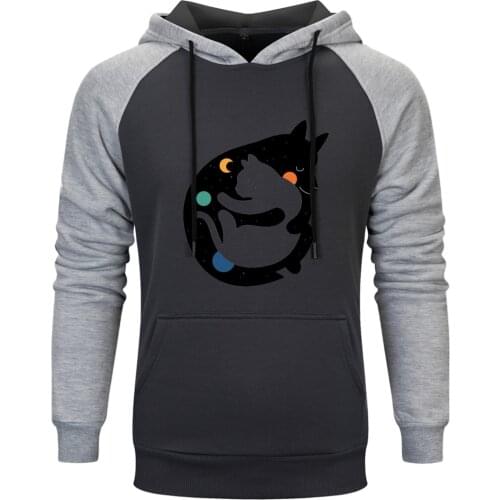 Mens Raglan Hooded Cat Black Print Long Sleeve Fashion Sweatshirt Hoodie Outwear Hipster Winter Fall Loose Fit Tracksuits Homme