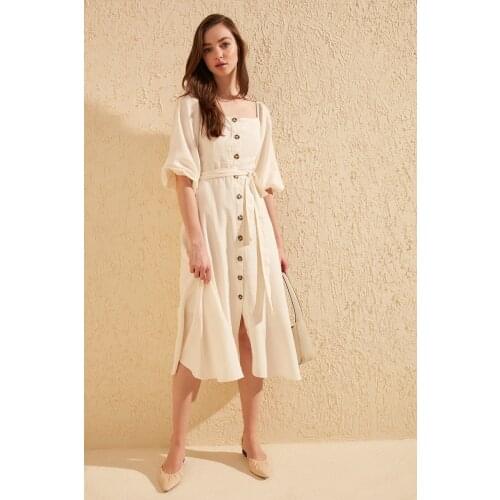 Raw white Belted Button Dress TWOSS19IE0009