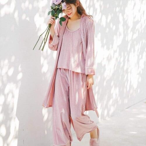 Nightgown Women Sexy Nightgown Golden Velvet Stripe Three-Piece Set With Nightgown Long Sleeve Trousers Casual Home Clothing