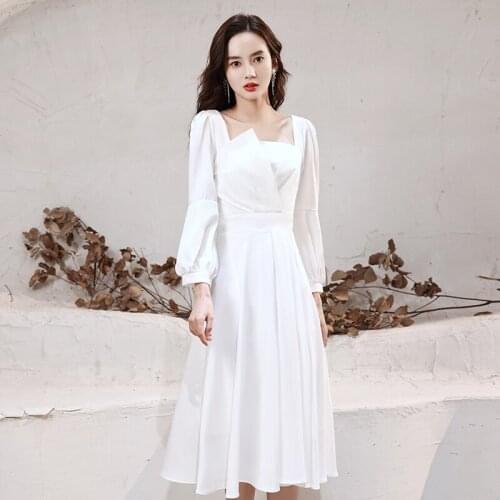 Special Occasion Dresses Vintage Square Collar Full Luxury White Knee-Length A-Line Satin Elegant Pleat Women Prom Gown E1007