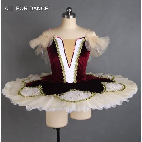 Off Shoulder Professional Ballet Dance Tutu Dress Dark Purple Velvet Bodice with Deep V insert in the front Pancake Tutus BLL133