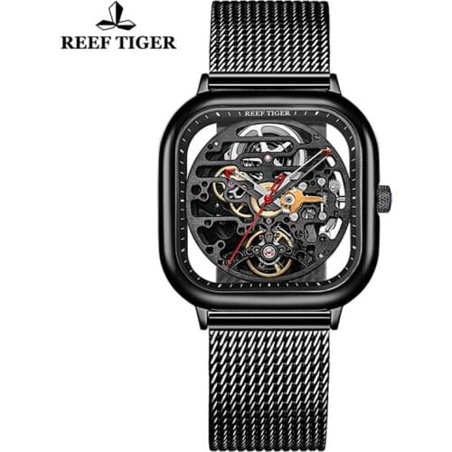 Reef Tiger/RT Top Brand Men Designer Watch Black Mesh Steel Band Square Hollow Watch Waterproof Automatic Mechanical Men Watch