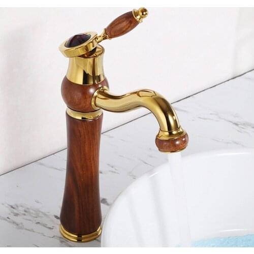Bathroom Basin Faucet Gold Brass Red Wood Faucet Sink Crane Diamond Tall Mixer Taps Single Hole Deck Mounted Hot & Cold Torneira