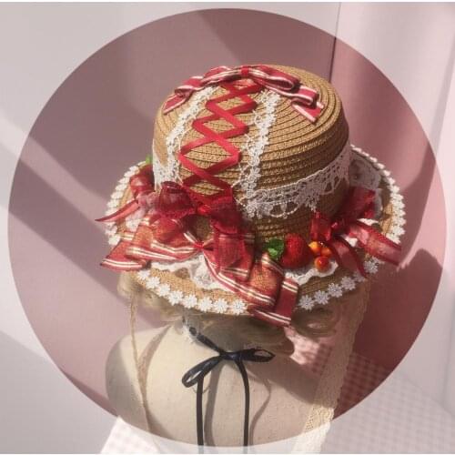 Lolita Sweet Strawberry Jam Straw Hat Soft Sister Kawaii Lace Trim Flat Top Cap Cute Red Bowknot Pastoral Style Sun hat Cosplay