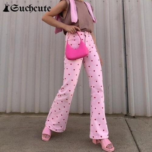 SUCHCUTE Aesthetic Heart Print Women Straight Pants High Waist Cute Pink Trousers Streetwear Fashion 90s Outfits Joggers