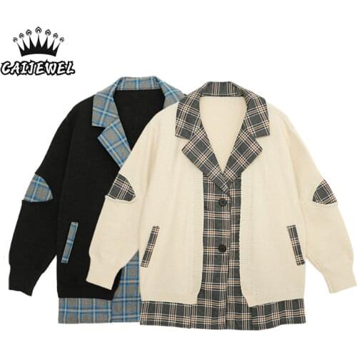 Plaid Vintage Womens Sweater Autumn Winter Fashion Knitted Cardigan Baggy Ladies Tops Knitted Sweater Jackets Oversized Coat