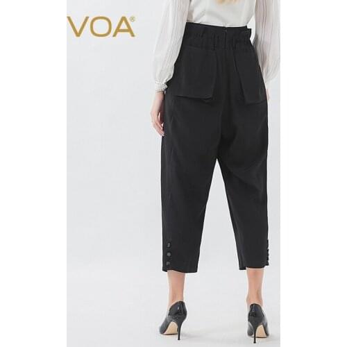 VOA Heavy Silk Solid Black Harem Pants Plus Size Casual Womans Trousers Brief Comfort Mid Waist Streetwear Ladies Broeken K6363