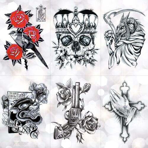 Crown Skull Scythe Death Waterproof Temporary Tattoo Sticker Sketch Praying Cross Flash Tattoos Body Art Arm Fake Tatoo
