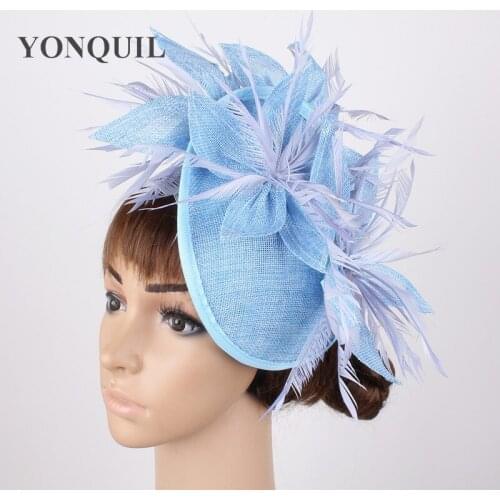 New Light Blue Chic Hair Fascinator Female Millinery Hats Wedding Elegant Headband Fedora Marry Event Headdress For Ladies Party