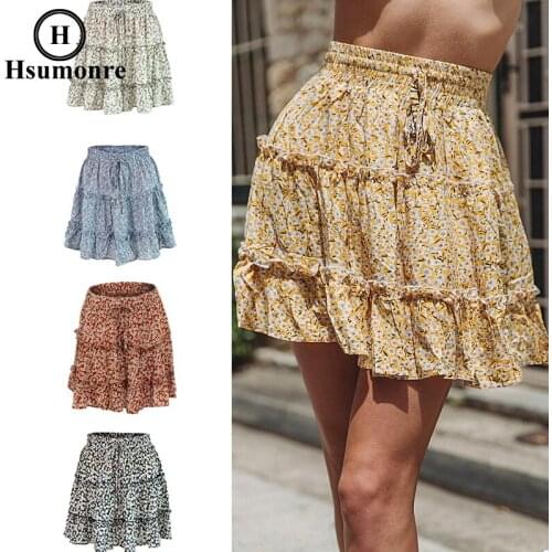 Women A-line Floral Skirt With Ruffled Lace-Up Elastic Waist Pleated Cotton Mini Skirt Girls' Casual Wear Beachwear for Vacation