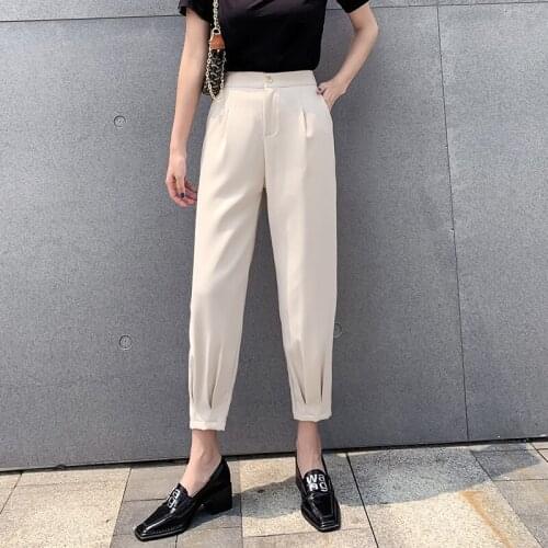Womens spring new casual pants Korean version of fashion high-waisted high-waisted high-skinned dress pleated suit pants