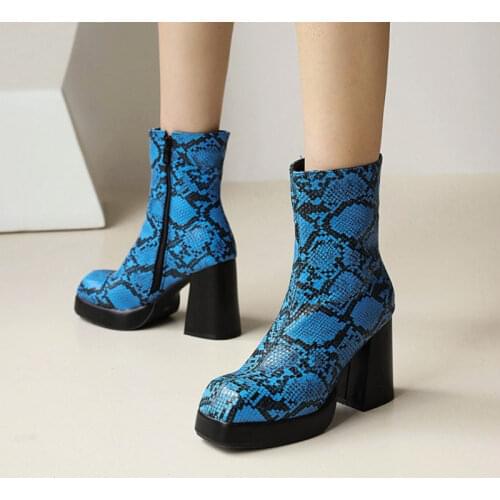 Big Plus Oversize 47 48 Chunky High Heels Goth Boots Shoes Women Square Toe Snake Skin Print Motorcycle Boot Woman Platform Shoe