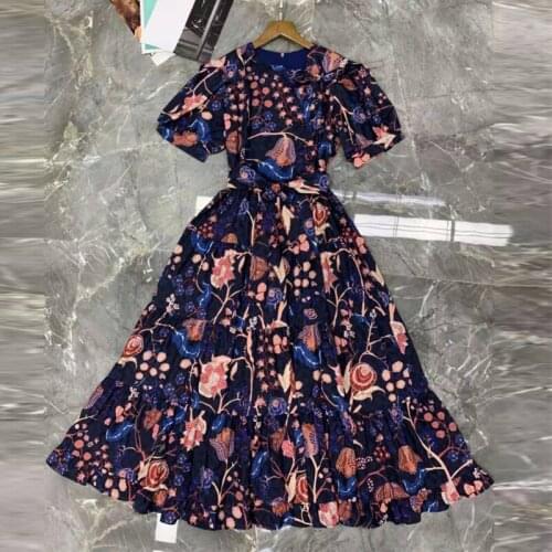 Women Runway Fashion Summer 2021 Puff Sleeve Flower Print Blue Elegant Long Party Holiday Dress