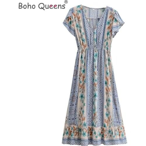 Boho Queens women v-neck floral print beach Bohemian maxi dress Ladies long sleeve Summer Boho dress vestidos