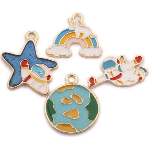 New DIY Jewelry Enamel Charms Gold Tone Plated Earth Ball Rainbow Star Astronaut Kawaii Necklace Pendants Fashion Charm 10pcs