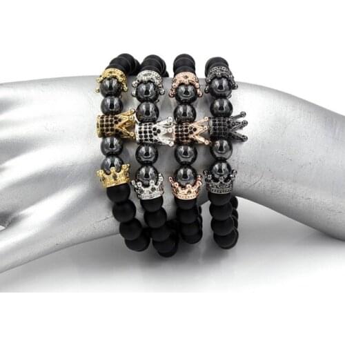 8mm uju3 gold silver Copper cz zircon cubic zirconia elastic adjusted stone Crown Buddha Yoga agate Onyx Bracelet Bangles