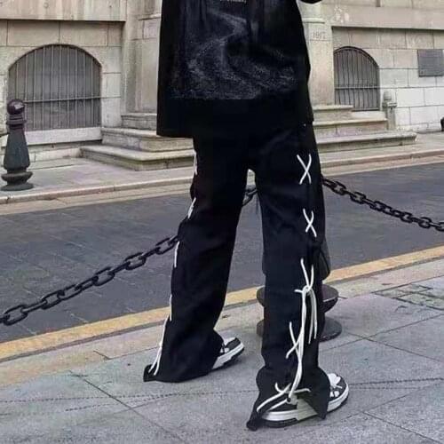 Side Lace Up Elastic Waist Casual Trousers Mens High Street Oversize Black Vibe Track Pants Harajuku Loose Hip Hop Male Pants