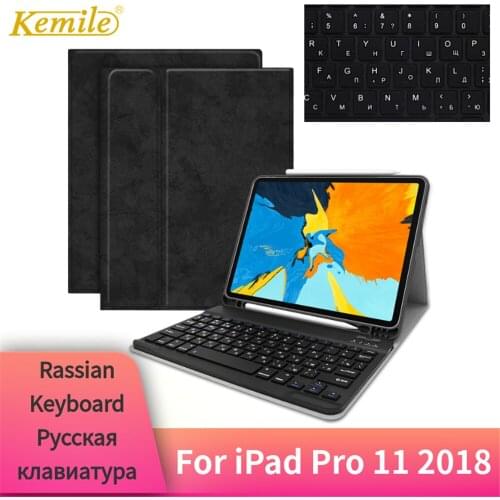 Kemile For iPad Pro 11" 2018 Case Bluetooth Keyboard W Pencil holder Smart stand Cover For iPad Pro 11" Case Russian Keyboard