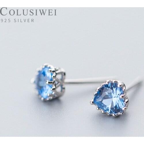 Colusiwei Genuine 925 Sterling Silver Ocean Blue Crystal Romantic Heart Stud Earrings for Women Fashion Sterling Silver Jewelry