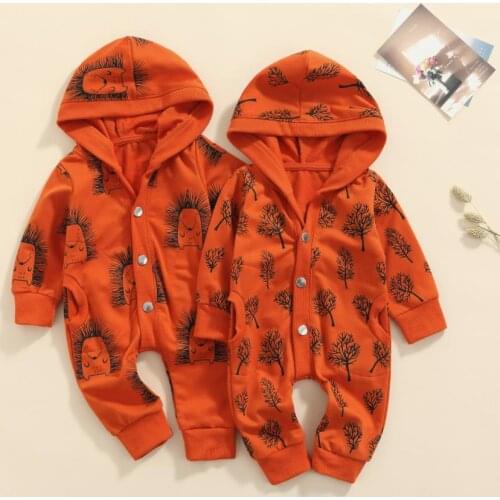 Autumn Spring Baby Boys Hooded Jumpsuit Caramel Lion/ Tree Printed Pattern Long Sleeve Romper 0-18 Months