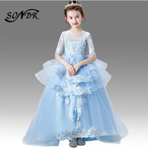 Elegant Blue Flower Girl Dresses HT137 O-neck Half Sleeve Lace Flower Girl Ball Gowns Appliques Embroidery Tiered Kids Dress