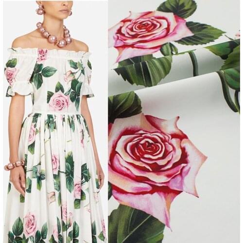 Rose Flowers On White Cotton Fabric For Dress Платье Tissus Au MÈTre Telas Por Metro Sewing Ткань Для Шитья Vestidos Coton DIY