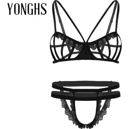 Mens Sissy Crossdreesing Lingerie Set Adjustable Shoulder Straps Hollow Out Balconet Bra Top with Harness Briefs Sissy Sexy Suit