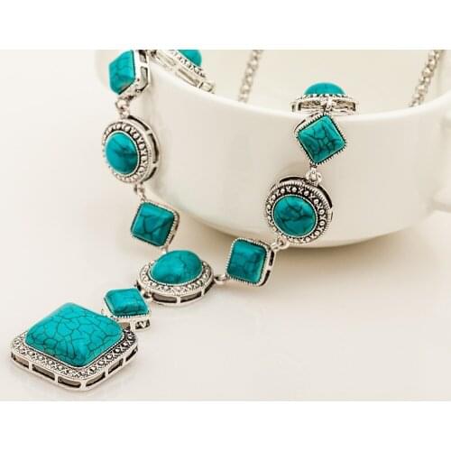 Square Oval Geometric Blue Crack Stone Vintage Silver Plated Long Statement Necklace for Women