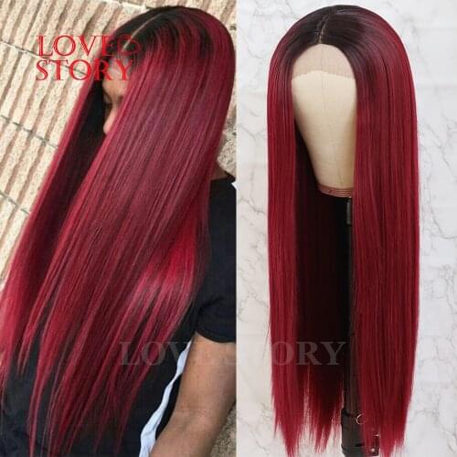Lovestory Middle Part High Temperature Fiber Lace Wig Ombre Color Straight Synthetic Lace Front Wigs