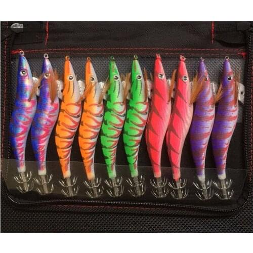 10PCS Set Squid Jigs Fishing Lure Shrimp Luminous Squid Hook Bait 2.5# 3.0# 3.5# With Bag Squid Jigs Set Random Color