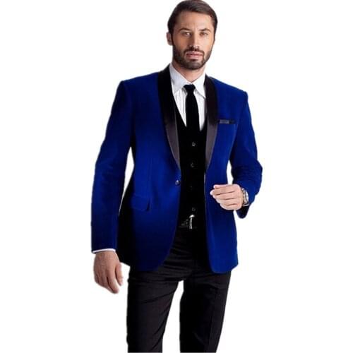 New Royal Blue Mens Velvet Groom Tuxedos Groomsman Best Man Bridegroom New Suits