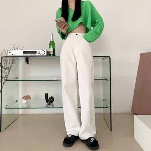 New Female Chic Jeans Loose Wide Legs Retro Retro Full Length High Waist Buckle Solid Color Simple Streetwear Harajuku Pants