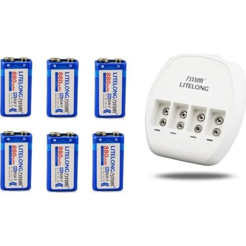 New original 6PCS 9V 880mAh lithium ion rechargeable battery + 9V Ni MH / Ni Cd / lithium ion battery universal charger