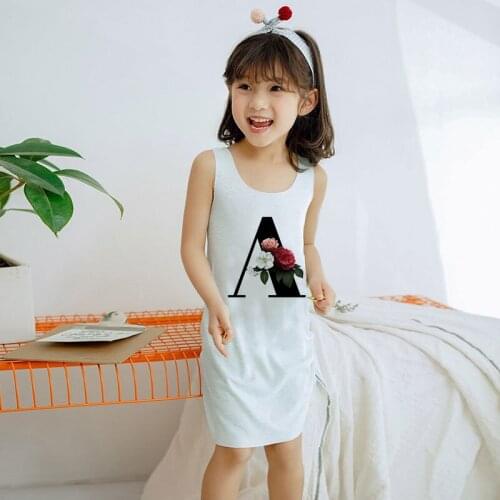 New Fashion Printing Summer Dress Letter Plant Girl Dress Birthday Gift Girl Sleeveless Childrens Dress White Party Round Neck