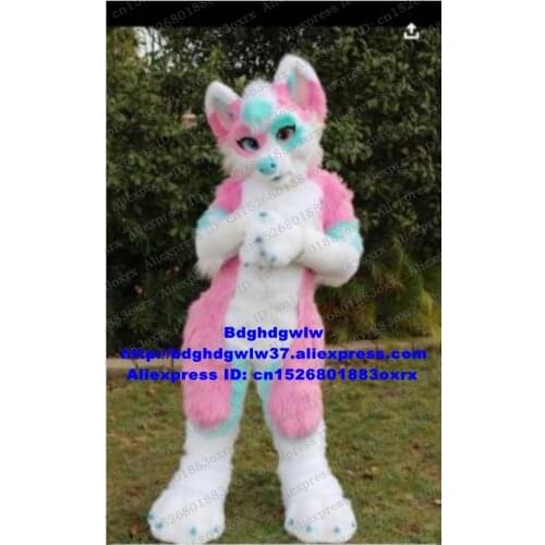 Pink Long Fur Furry Fox Wolf Husky Dog Fursuit Mascot Costume Adult Character Suit Gifts And Souvenirs Evening Party zx3027