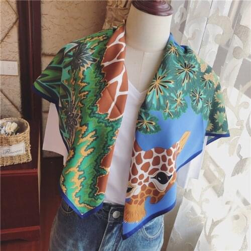 OMEA Silk Scarf Women Large Square 90cm Hijab Twill Animal Printing Giraffe Jungle Bandana Luxury Satin Scarf Headbands Fashion