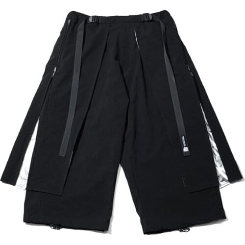 PUPIL TRAVEL Techwear PT-2003 Mens Oversized 3/4 length Reflective Lining Thigh Cover Crop Pants Hip Hop Punk Fashion