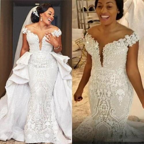 Mermaid Wedding Dresses With Detachable Train African Lace Country Garden Boho Bridal Gowns Off The Shoulder