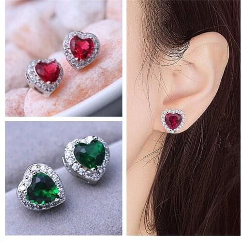 Sparkling Crystal Red Heart Earrings For Women Jewelry Top Quality Silver Plated Earring Lady Dinner Party Accessories