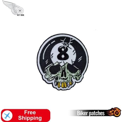 Skull Ball Number 8 Embroidery Patch Iron on Biker Badges Jackets Motorcycle Applique Cool Punk Style Twill Stripe Accessories