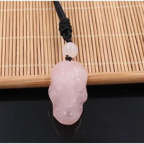 YJXP Punk Style Skeleton Pendant Connected Round Beads Rose Pink Quartzs Reiki Amulet Rope Chain Necklace Women Charms Jewelry