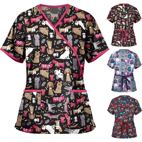 Ladies Nurse Uniform Short Sleeve V-neck Workwear Cartoon Print Working Uniform Woman Polyester Casual Medical Nursing Blouse