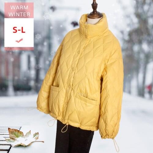 New Women Short White Duck Down Jacket Stand Collar Female Loose Soft Warm Coat Covered Button Diamond Grid line Good Quanlity